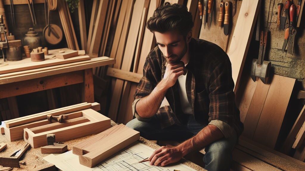 a man sitting at a table with a woodworking plan
