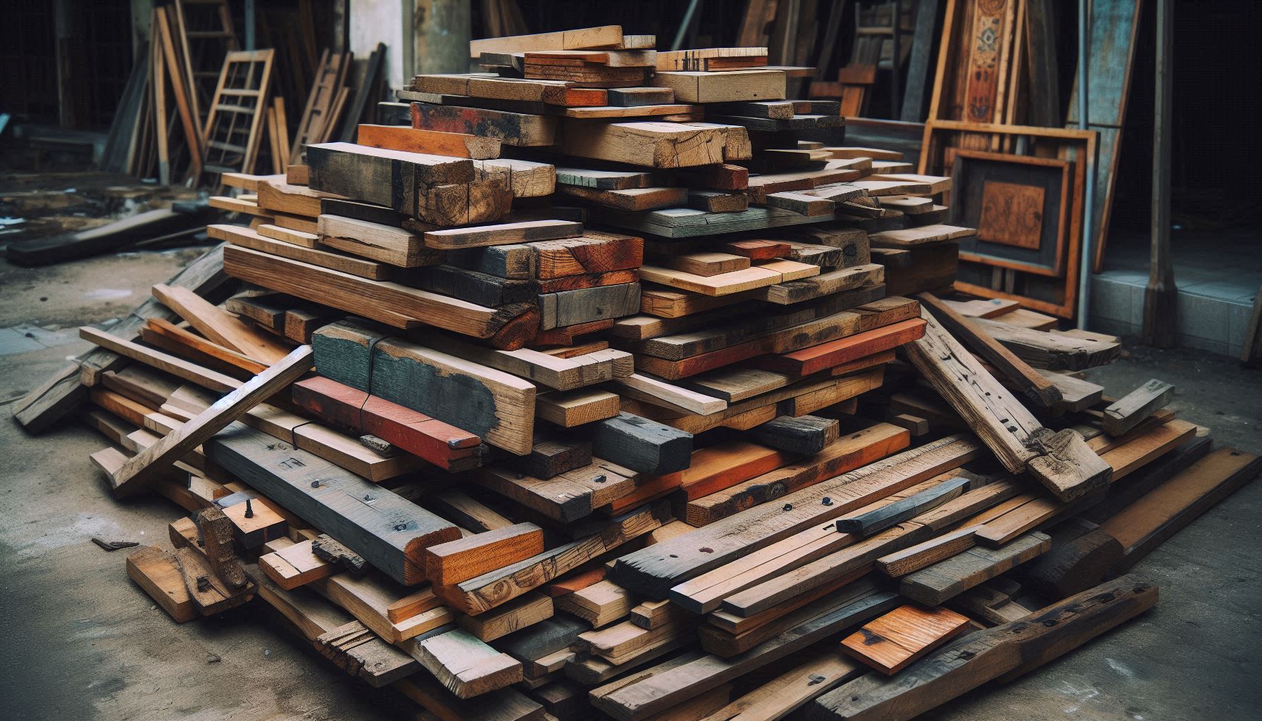 A pile of wooden pieces stacked in a warehouse, surrounded by tools and equipment from a toolbox.