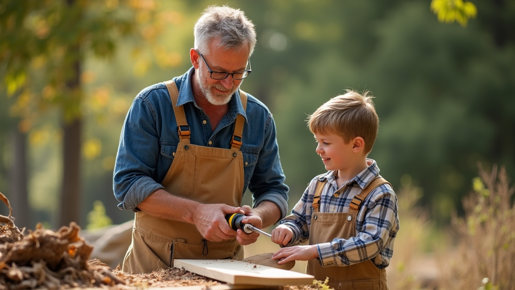 Grandfather and grandson collaborate on a woodworking project at a wooden table, focused on their task.