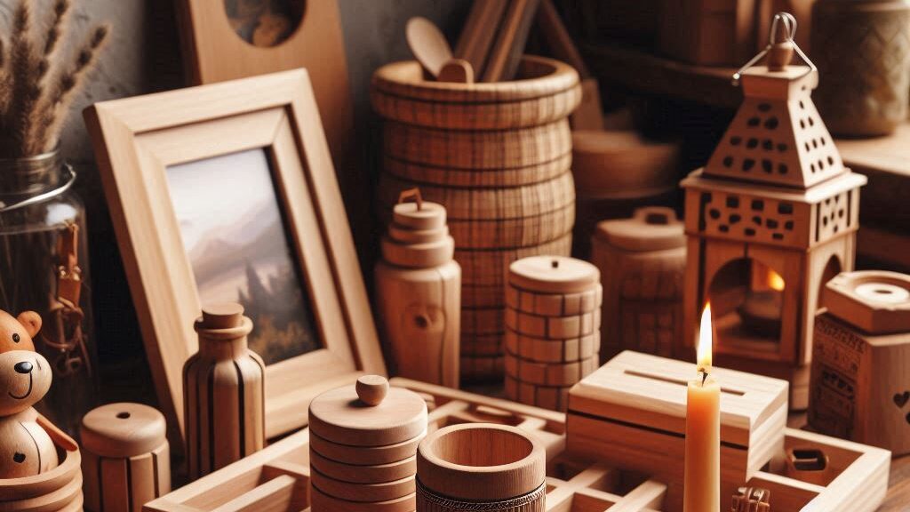 a lit candle next to wooden containers