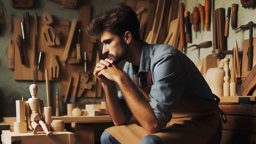 a man sitting in a workshop thinking