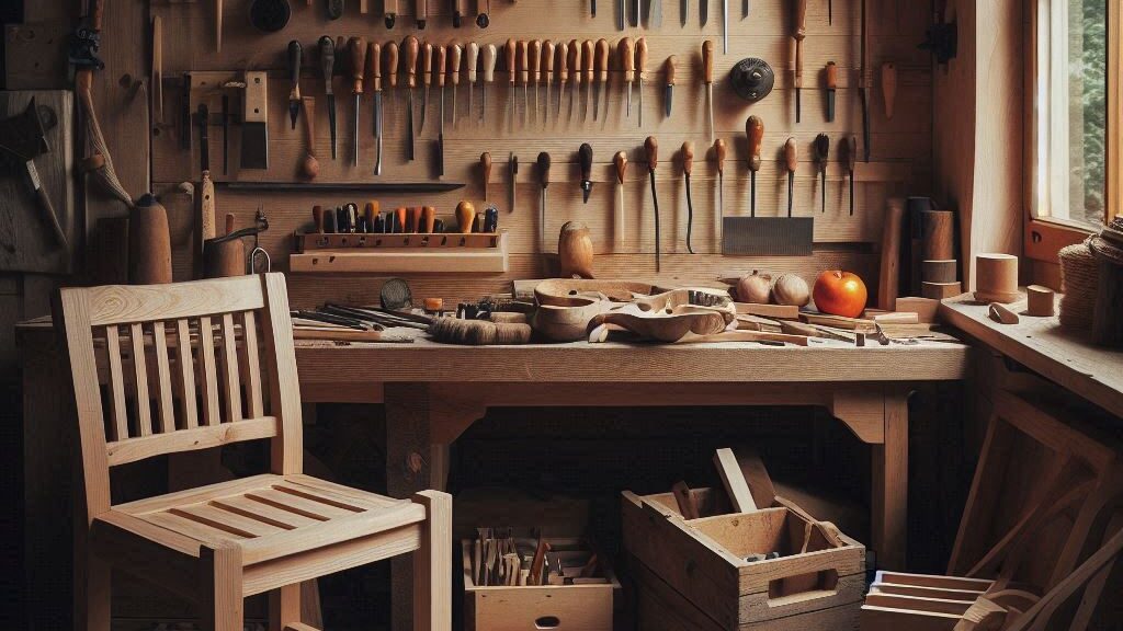 a woodworking table with tools on it