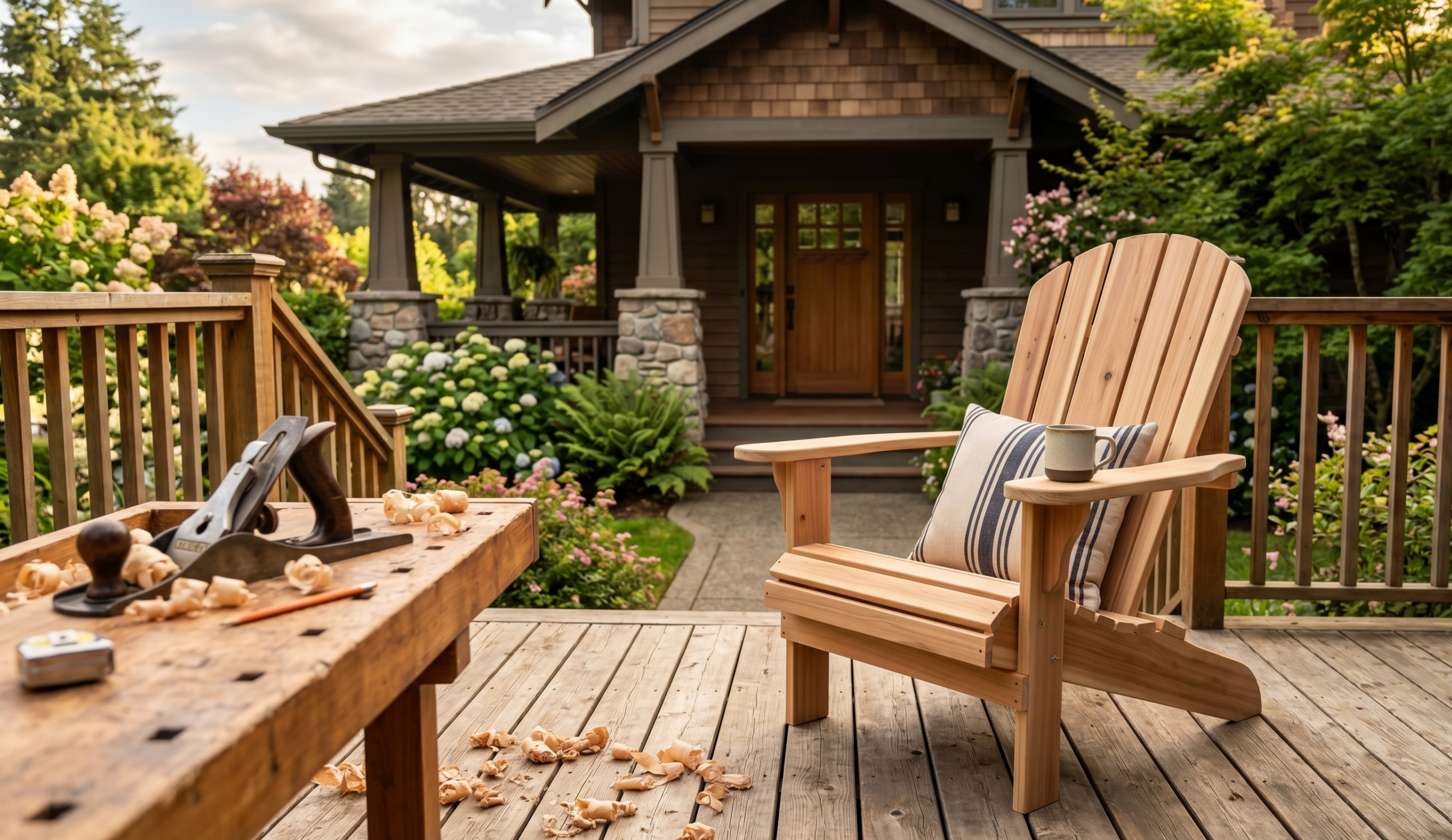 A newly built cedar DIY Adirondack chair sitting on a sunlit wooden deck, with a woodworking bench, hand plane, and wood shavings visible in the background.