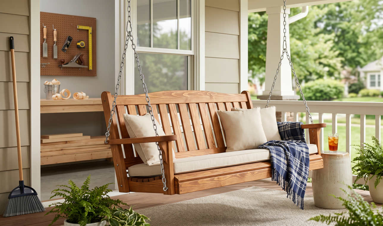 A professional photograph of a finished classic wooden porch swing, stained in a warm cedar tone and adorned with comfortable off-white cushions and a plaid throw blanket. The swing is hanging by galvanized chains on a well-lit, covered front porch of a US craftsman-style home. In the background, visible through the porch railing, is a glimpse of a tidy DIY workshop bench with wood shavings scattered beneath a pegboard with tools. The natural afternoon sunlight casts a warm glow on the wood grain.