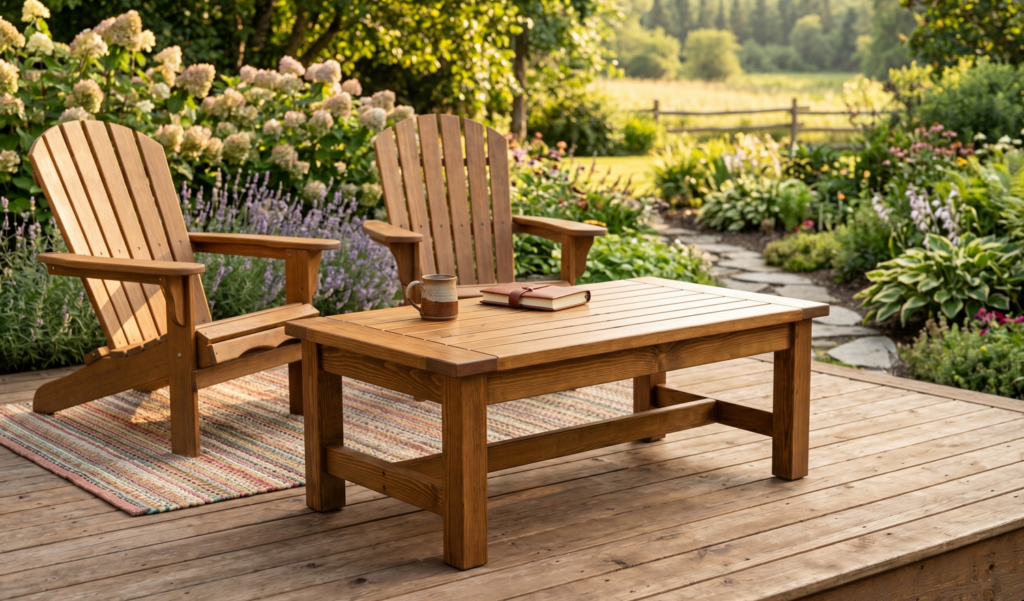 A completed DIY farmhouse outdoor coffee table made of stained pine, sitting on a wooden deck with an open workshop in the background.