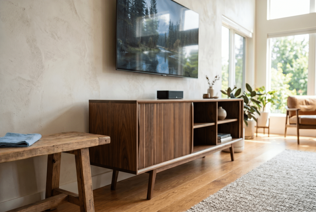 Finished DIY organic luxe TV stand with sliding walnut tambour doors in a bright modern living room.