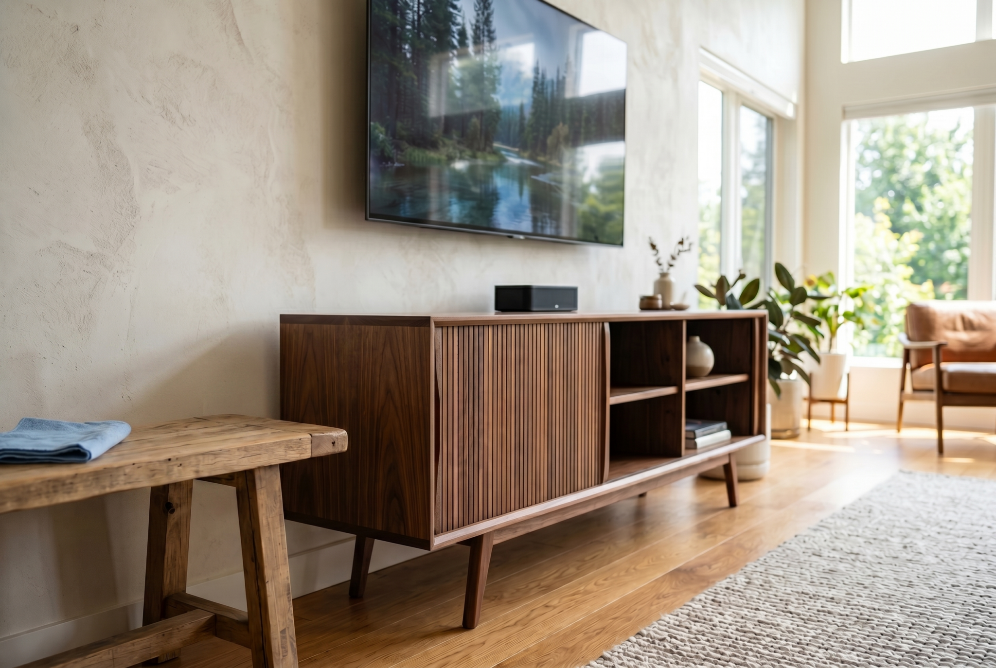 DIY TV stand with tambour doors — organic luxe media console build guide