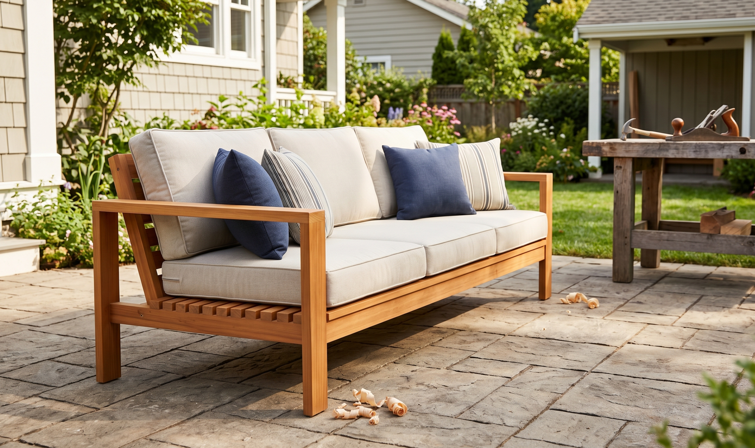 A high-quality professional photograph of the completed DIY slatted outdoor wooden sofa, with comfortable light-colored cushions, situated on a sunny US backyard patio. Subtle DIY workshop context is visible in the background, like a workbench with stray wood shavings and a hand tool.