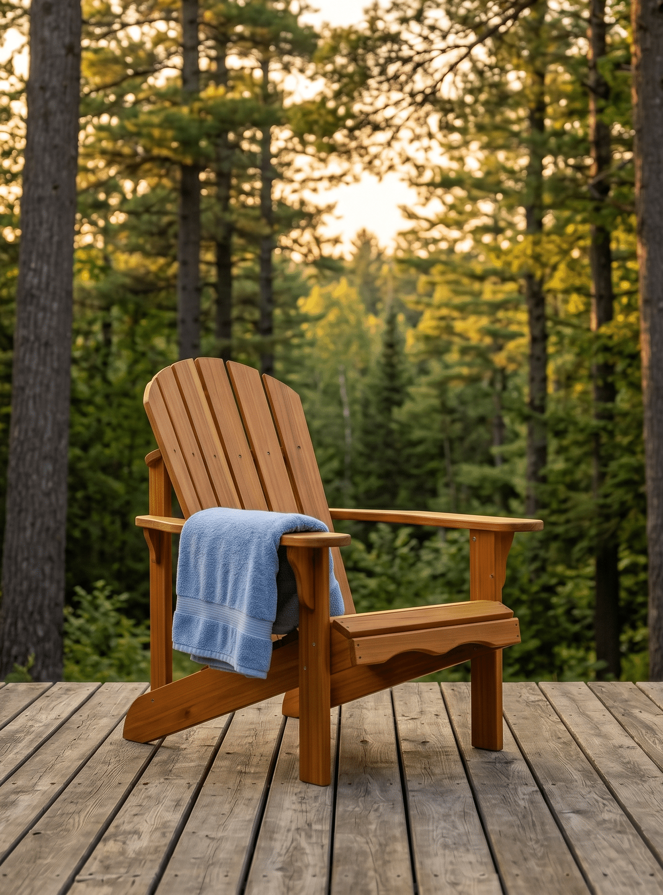 A newly built wooden Adirondack chair with a blue towel sitting on a wooden deck, facing a lush green forest.