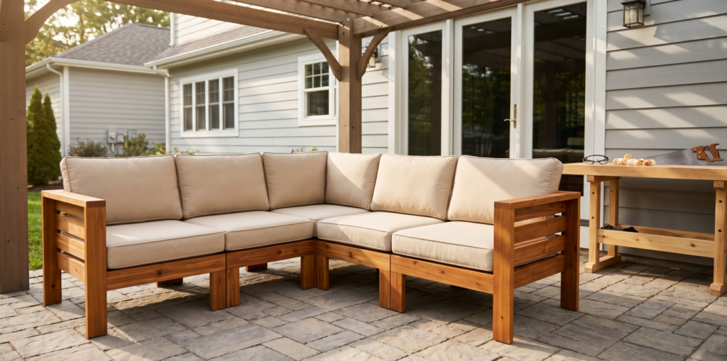 A high-quality professional photograph of a completed DIY modular outdoor sectional made from cedar wood with beige cushions, situated on a stone patio in a backyard under a pergola. A small pile of wood shavings and a hand saw on a workbench provide subtle workshop context in the background.