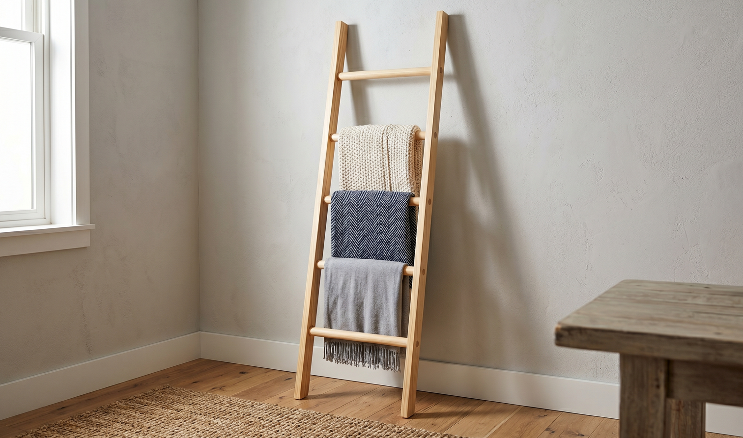 A professionally crafted minimalist wooden blanket ladder leaning against a modern grey wall in a well-lit living room, holding cozy blankets.