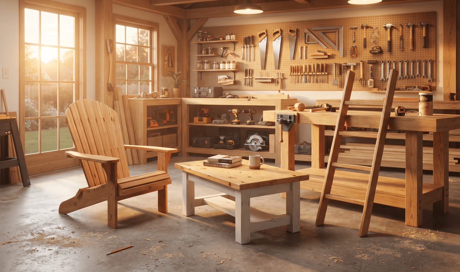 woodworking plans for beginners — Adirondack chair coffee table blanket ladder and workbench in a workshop