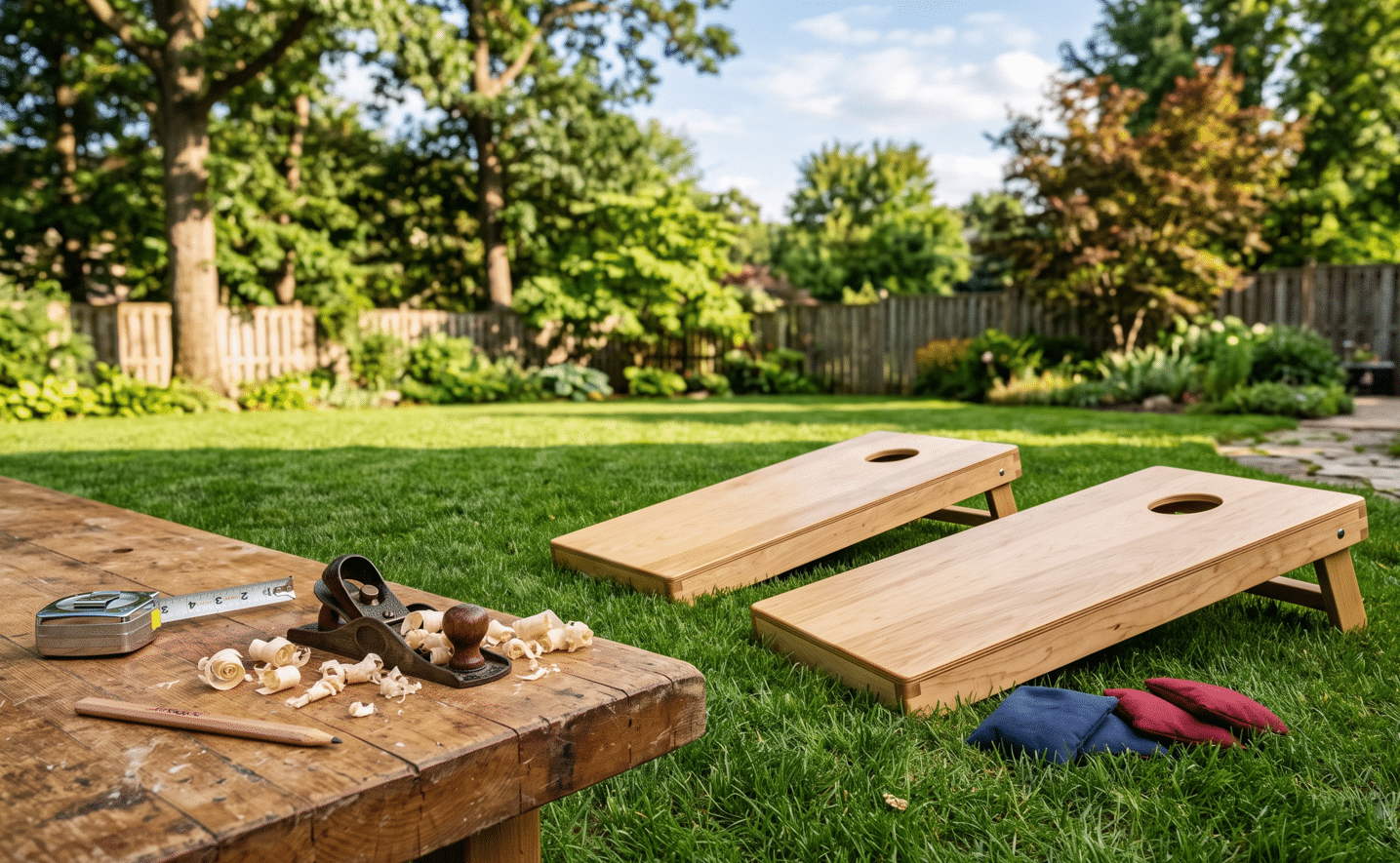 DIY cornhole boards — two regulation wooden cornhole boards painted and set up on a backyard lawn ready to play