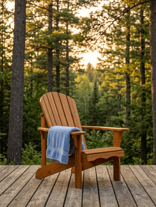 A newly built wooden Adirondack chair with a blue towel sitting on a wooden deck, facing a lush green forest.